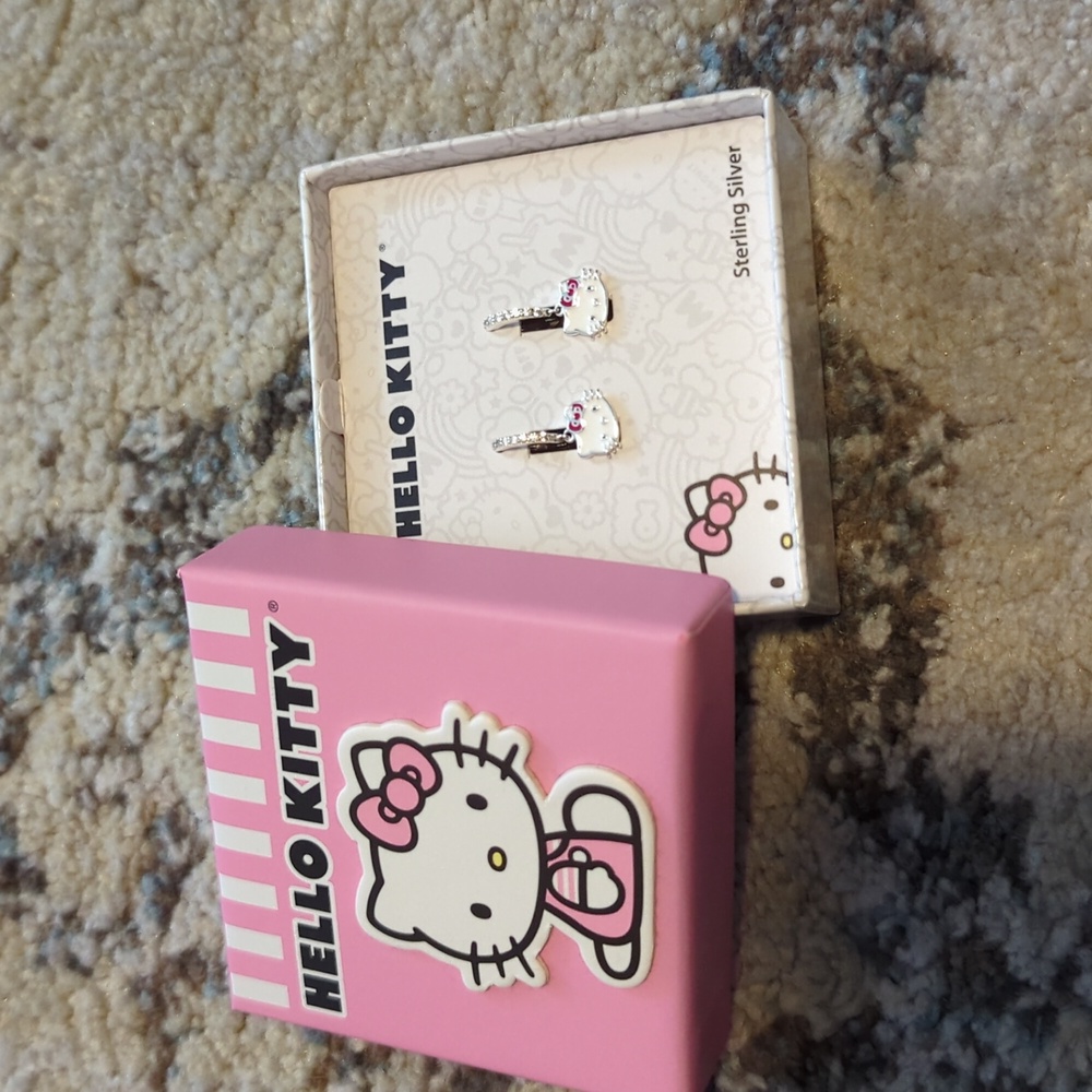 NEW Sanrio Hello Kitty Face Red Bow Silver Plated Diamond sparkle Dangle Earring